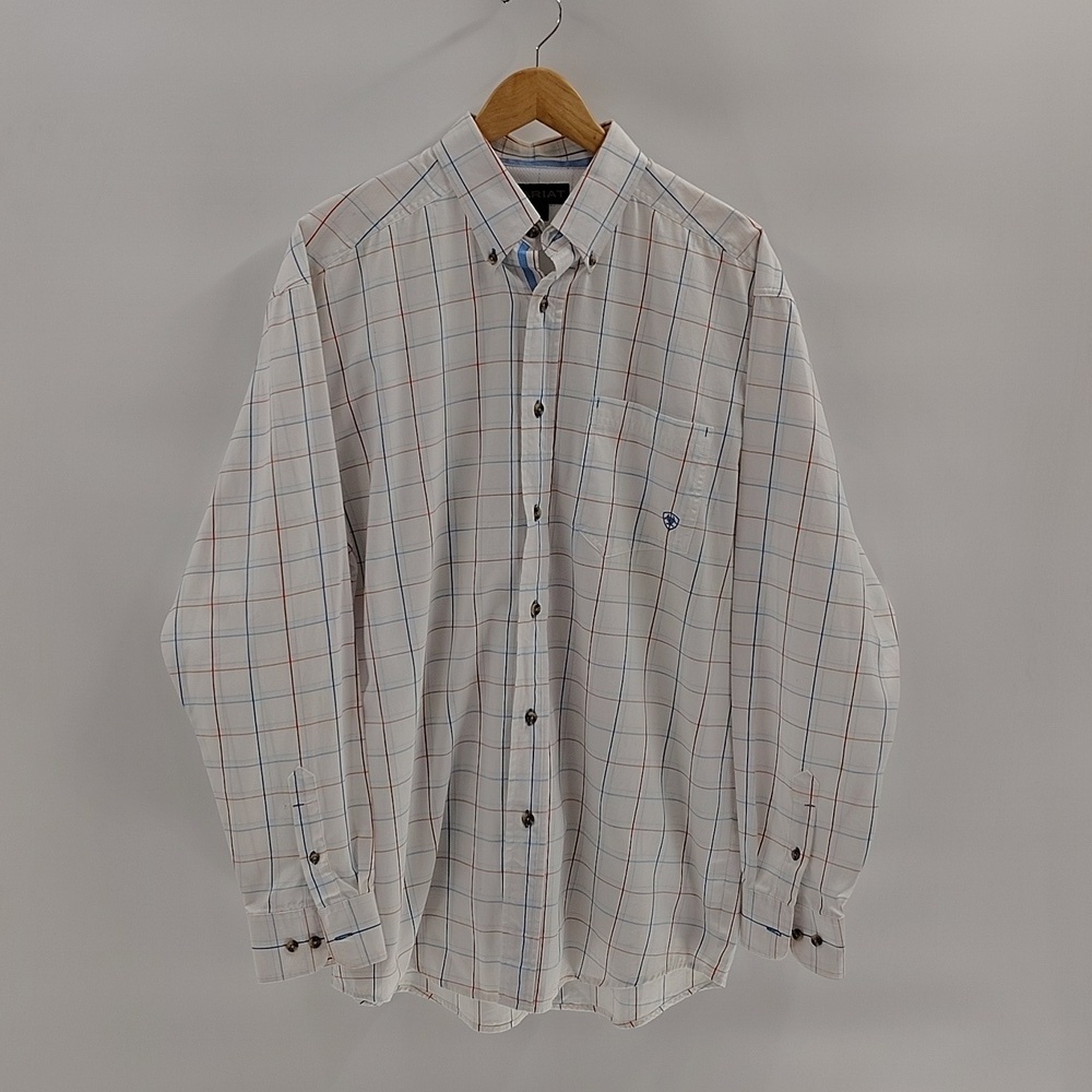 ARIAT Mens Button Down Shirt White Blue Plaid Size Large Breathable